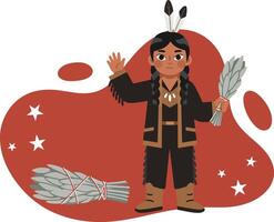 Native American Man in Traditional Clothes Holding Feathers and Standing with Bunch of Feathers Illustration vector