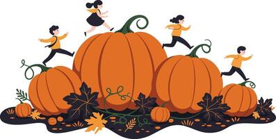 Children running and playing around large orange pumpkins with autumn leaves and vines in fall garden scene illustration vector