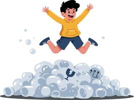 Happy child jumping on pile of white soap bubbles playful fun illustration vector