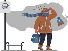 Man waiting at bus stop wearing warm winter clothes holding briefcase and hat illustration vector