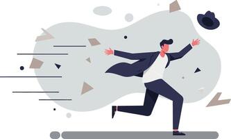Businessman running in wind with hat flying off in dynamic professional illustration vector