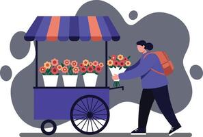 Flower vendor selling bouquets at mobile cart with striped canopy in modern urban setting vector