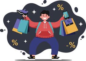 Happy man shopping with multiple bags and discount symbols in cheerful shopping spree illustration vector