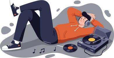 Young man relaxing lying down listening to vinyl records on turntable music hobby illustration vector