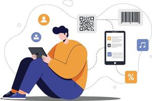 Young man using tablet with digital icons of barcode, QR code, music, and user profiles in modern technology concept illustration vector