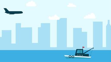 Plane Flying Over Tall Buildings and There is a Ship. 4k Animation video