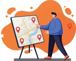 Man pointing at map with location pins on stand for navigation and travel planning illustration vector