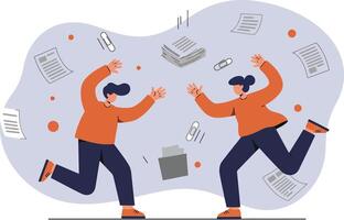 Two business people celebrating success with flying documents and laptops in orange sweaters illustration vector