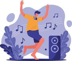 Man Dancing Happily Near Speaker with Music Notes and Blue Decorative Plants Illustration vector