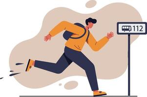 Man running fast towards bus stop 112 with backpack and orange jacket urban lifestyle activity illustration vector
