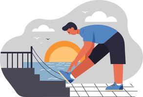 Man Stretching Leg Outside During Sunset with Birds Flying and Stairs in Background Illustration vector