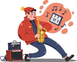 Young man playing saxophone with amplifier and music notes illustration in casual urban style vector