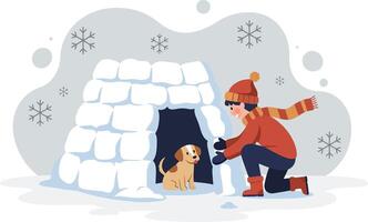 Child playing with dog near white igloo in snowy winter background cheerful scene vector