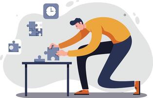 Man assembling puzzle pieces on table with clock in background illustration for focus and problem solving concept vector