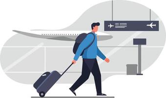 Man walking in airport terminal with suitcase and backpack near departure sign illustration vector