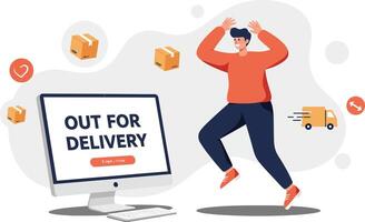 Online delivery notification with excited man celebrating package arrival and computer screen illustration vector