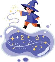 Young wizard casting magic spell with stars and planets floating in purple space illustration vector