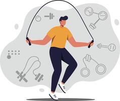 Man jumping rope fitness exercise with gym equipment icons illustration for healthy lifestyle and workout routine vector