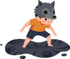 Child wearing wolf mask standing on muddy puddle with splashes in playful outdoor scene illustration vector