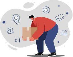 Man Lifting Heavy Cardboard Box with Delivery and Shipping Icons Around in Modern Flat Style Illustration vector