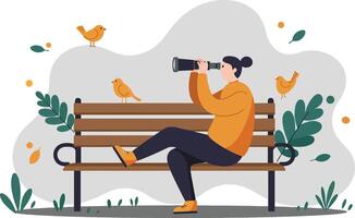 Woman using binoculars while sitting on bench observing birds in park nature scene illustration vector