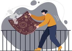 Person hanging decorative textile on railing illustration with abstract background and muted colors design vector