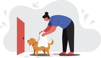 Person grooming dog with towel after bath in home setting illustration vector