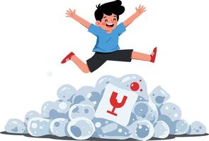 Happy boy jumping into pile of bubbles with toy microphone in fun playful scene illustration vector