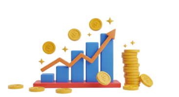 3D Render of Business Growth Chart with Golden Coins and Bars on Transparent png