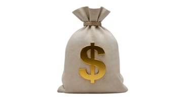 Isolated bag of money with gold dollar sign on transparent backdrop png