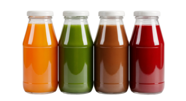 Assorted Juices in Glass Bottles in Colorful Transparent Background png