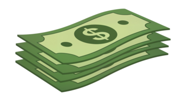 Green dollar bills stacked in a cartoon style over transparent background png