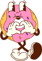 Cartoon donut character walking through a lively breakfast scene, featuring vibrant colors and a groovy, fun design png