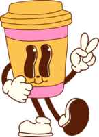 Cartoon coffee character walking through a lively breakfast scene, featuring vibrant colors and a groovy, fun design png