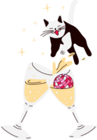 A cat tumbling into a glass of champagne, adding to the fun and excitement of the party. png