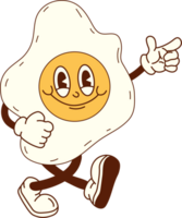 Cartoon eggs character walking through a lively breakfast scene, featuring vibrant colors and a groovy, fun design png
