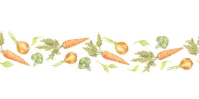 Orange carrots, yellow onions, and green broccoli are arranged in a seamless pattern horizontal watercolor illustration. Perfect for wrapping paper, food blog headers, or eco-friendly branding png