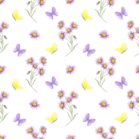 Watercolor clipart of scattered aster blooms and butterflies in violet and yellow on seamless pattern. Wildflower illustration Great for spring wrapping, nursery fabric, or planner design png