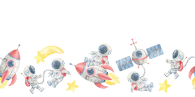 Space explorers, yellow comets, stars, red rockets, and gray satellites in a seamless border watercolor clipart. Use it for printable bookmarks, outer space banners, or nursery design elements png