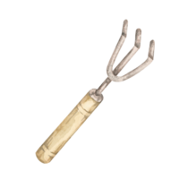 A hand cultivator with a wooden handle. Gardening fork tool watercolor illustration. Ideal for gardening-themed patterns, outdoor tool designs, or rustic decor for print and digital projects png