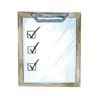 Checklist with wooden frame and three black check marks painted in watercolor illustration style. Ideal for productivity-themed printables, business icons, or project planning templates png