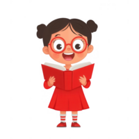 A cheerful girl with glasses holding a book, wearing a red dress, showcasing joy in reading. Perfect for educational themes or children's content. png