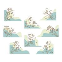 Minimalist Line Art Flower Set with Blue Green Shape Decoration Element vector
