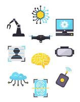 Technology icons including AI, robotics, and VR vector