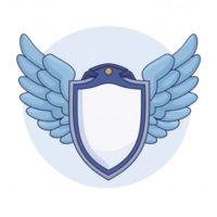 A stylized shield with blue wings, featuring a blank center for customization. Suitable for logos, graphics, or branding on a soft blue circular background. png