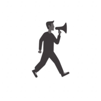 A silhouette of a person walking while holding a megaphone, symbolizing communication and engagement. Ideal for campaigns or social initiatives. png