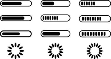 A set of black and white loading progress bars and spinners on a white background for web design vector