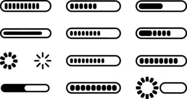 Collection of loading progress bars and icons representing digital progress and loading states vector