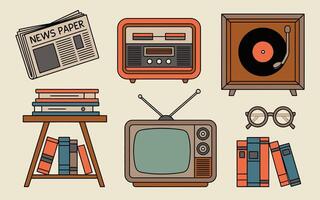 Collection of vintage media and reading elements illustrating retro entertainment and knowledge in a simple style. vector
