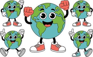 Cheerful animated earth character in various poses with cartoon style showing happiness and joy vector